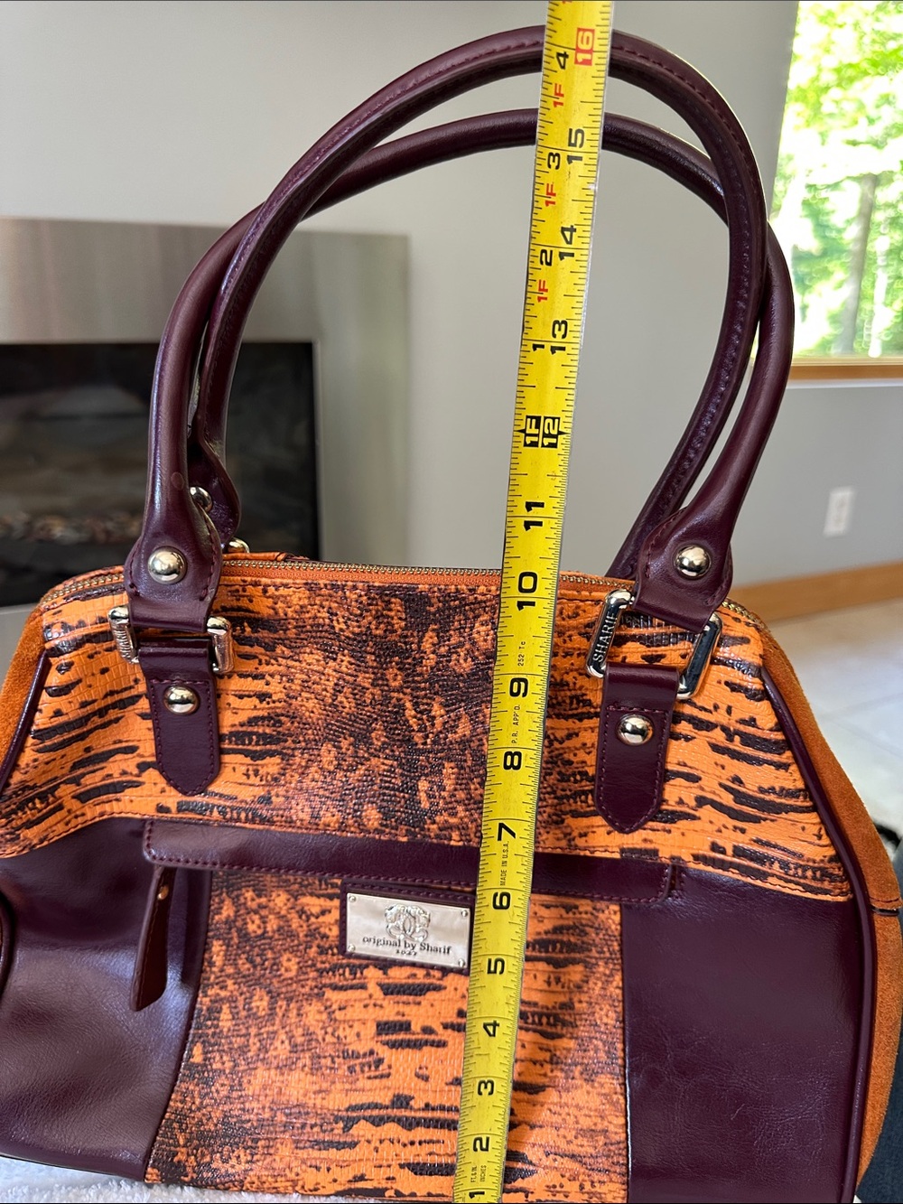 Sharif Orange & Burgundy Patterned Satchel with Gold Hardware - Picture 9 of 13